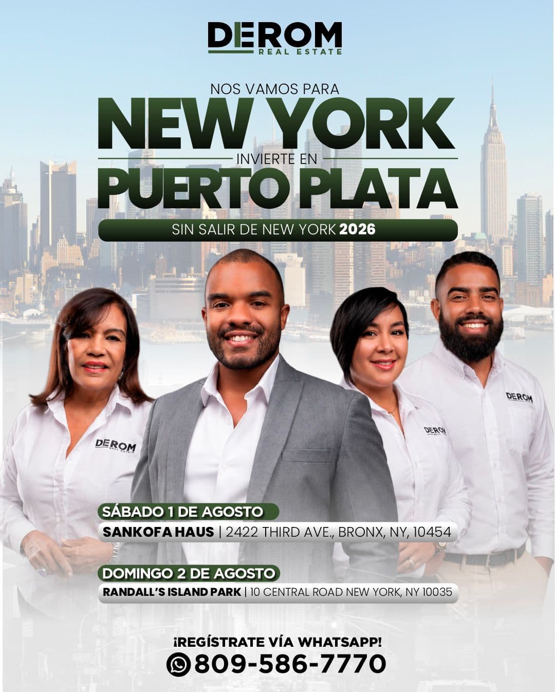 Feria DEROM Real Estate — Invierte en Puerto Plata sin salir de New York. Sábado 1 y domingo 2 de agosto en New York.